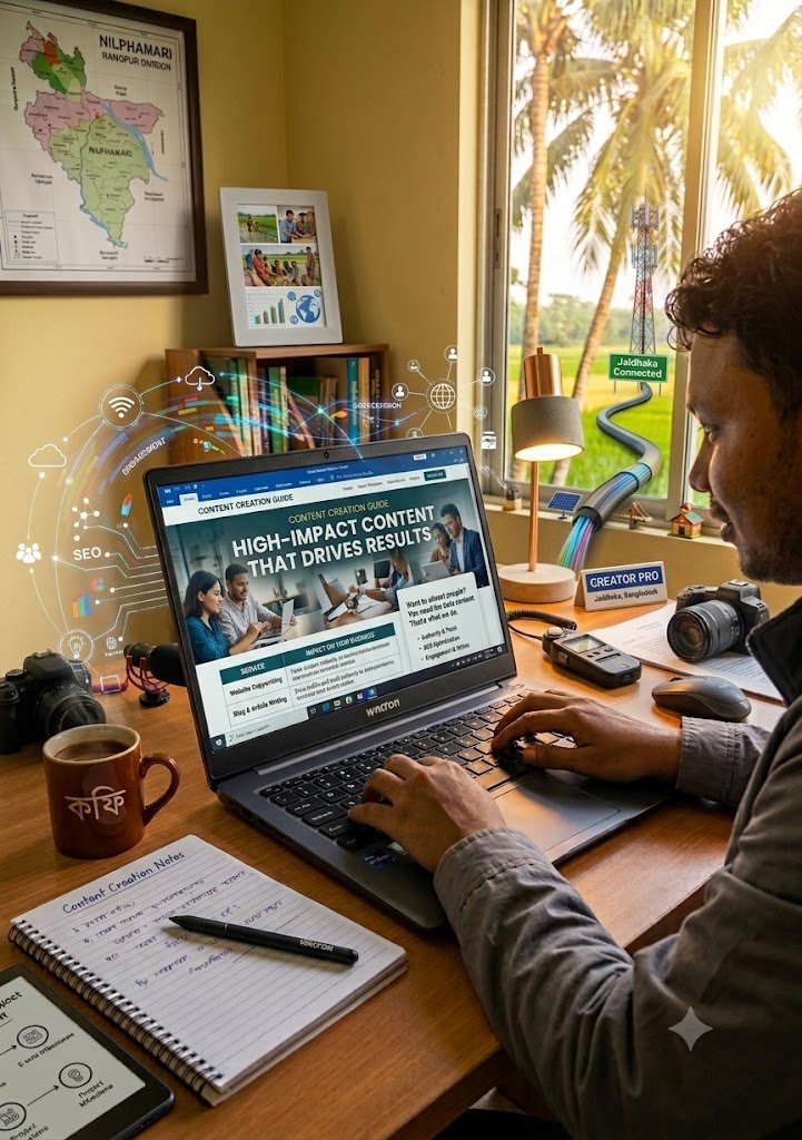 "A man sitting at a desk in a brightly lit home office in Nilphamari, typing on a Walton laptop displaying a website titled 'High-Impact Content That Drives Results' next to a cup of coffee, notebook, and digital diagrams."
