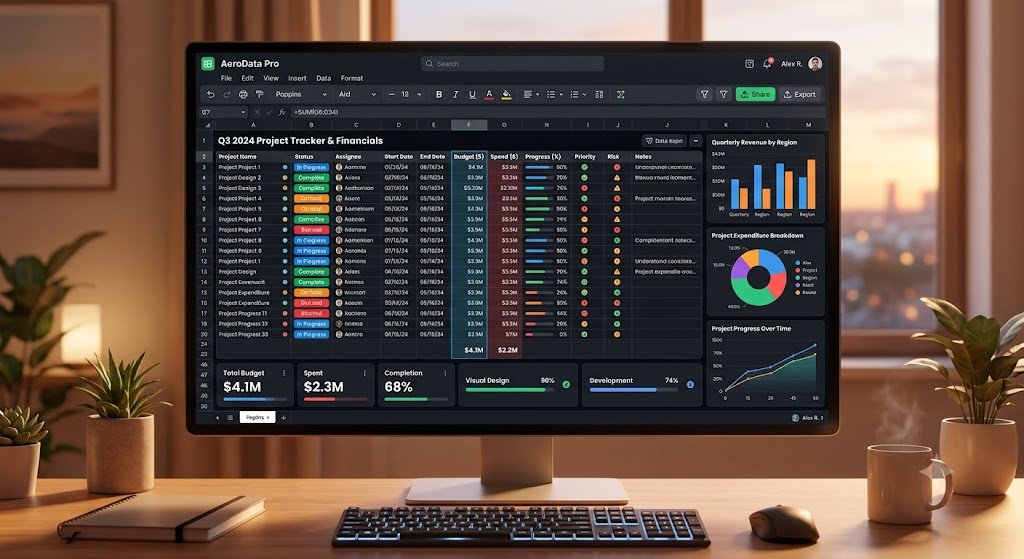A modern spreadsheet interface displayed on a computer screen on a desk, featuring colorful data tables, charts, and a dark mode UI bathed in soft, warm sunlight.